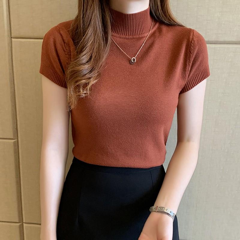Women's Solid Half Turtleneck Slim Short Sleeve Knitted T-Shirt