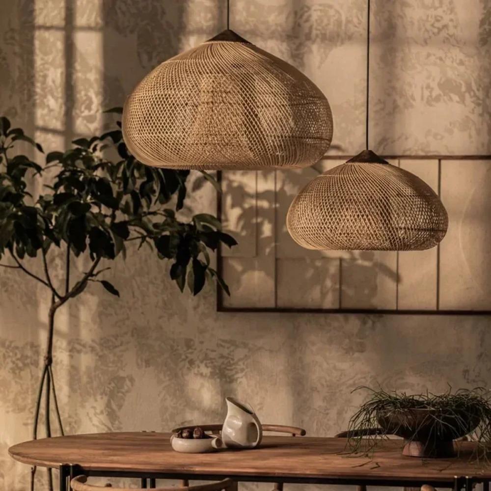 Bamboo Pendant Lamp Shades with Wire Rattan Vintage Black Chandeliers Bar Restaurant Combination Designer Villa Duplex Staircase