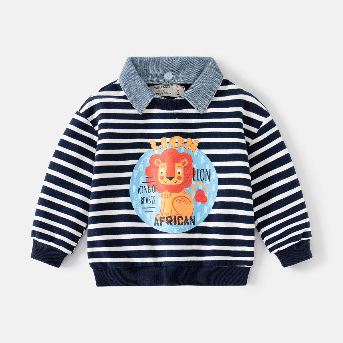 

Корейская версия повседневного милого топа с рисунком льва для мальчиков, модный хлопковый полосатый свитер с воротником 90cm