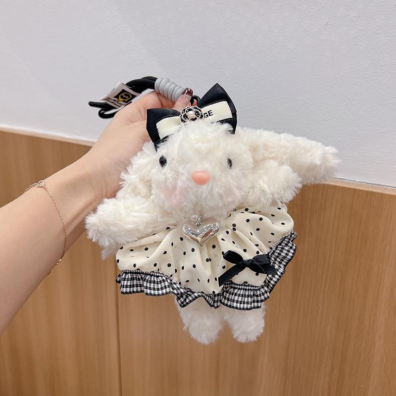 Polka Dot Plush Bunny Keychain: Cute Lop-Eared Hair Tie, Skirt Rabbit Backpack Charm.
