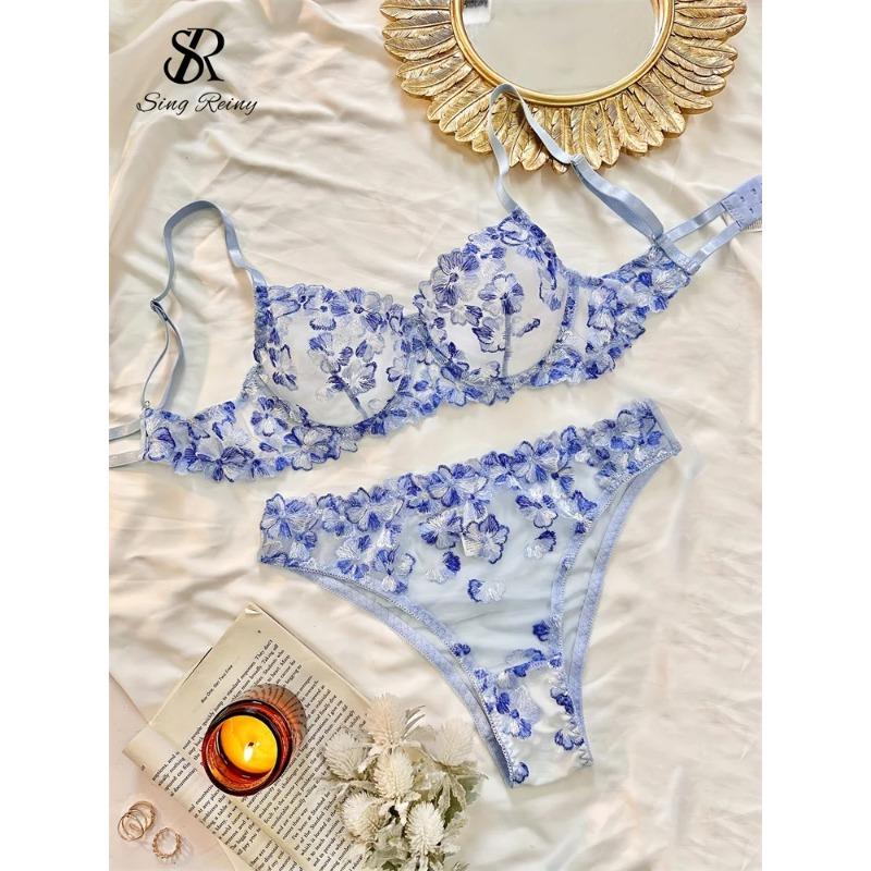 SINGREINY Mesh Sheer Lingerie Two Pieces Suits French Floral Seusual Underwear Sets Women Embroidery Sexy Bra&Briefs Sets