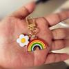 Vibrant Golden-Tone 1pc Rainbow Heart Pendant Keychain | Colorful Striped Rainbow & White Daisy Design for Phones, Cars, and Backpacks