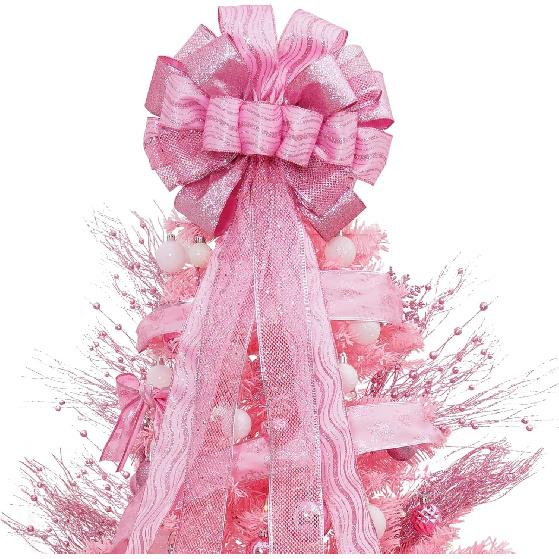 Christmas Tree Topper, 32x12 Inches Large Toppers Bow with Glitter Satin Mesh Streamer, Pink Christmas Tree Topper for Christmas Home Decoration