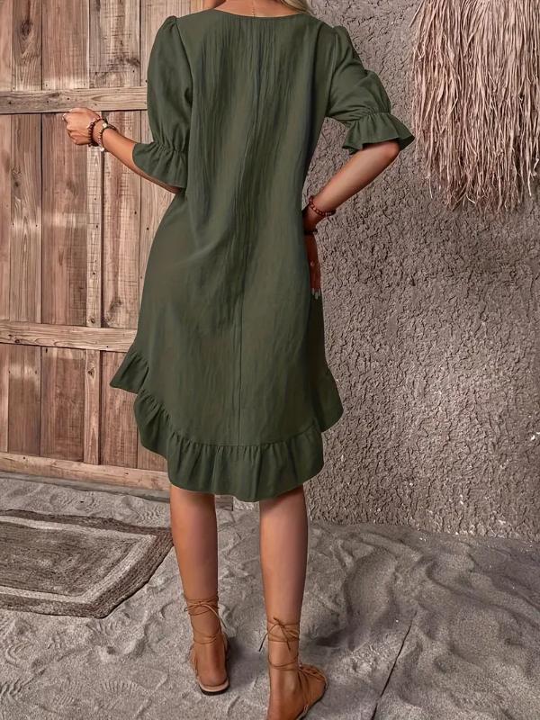 Rochie retro de damă, din bumbac și in, cu mâneci medii, cu gât rotund, de culoare uni, cu tiv lejer