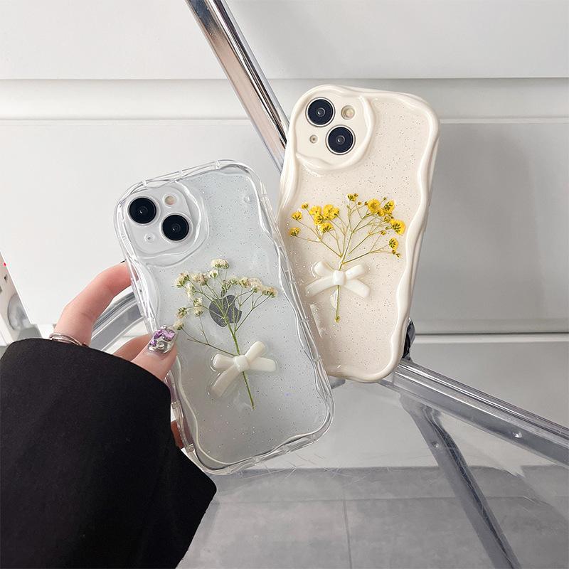 Custodia per Cellulare Fiore con Fiocco per Apple 17 Promax Trasparente Glitter Ins Style per IPhone 16 Silicone Morbido