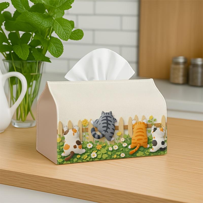 1pc Adorable Kawaii Tissue Box - Cat Garden Tissue Paper Holder for Car, Office - Stylish Napkin Case, Rectangular Design Ideal for Living Room, Desk,