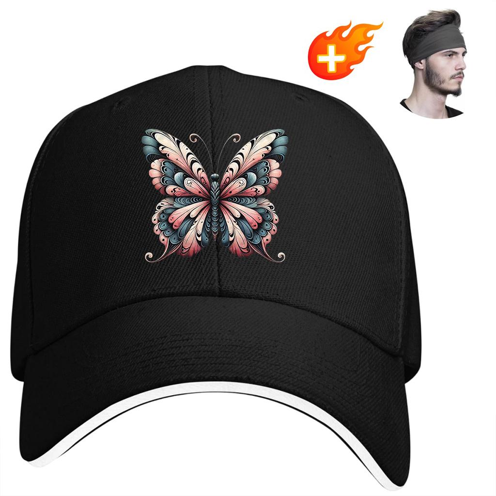 Pink Blue Butterfly Print Cotton Baseball Cap Unisex Adjustable Casual Golf Hat for Men Women