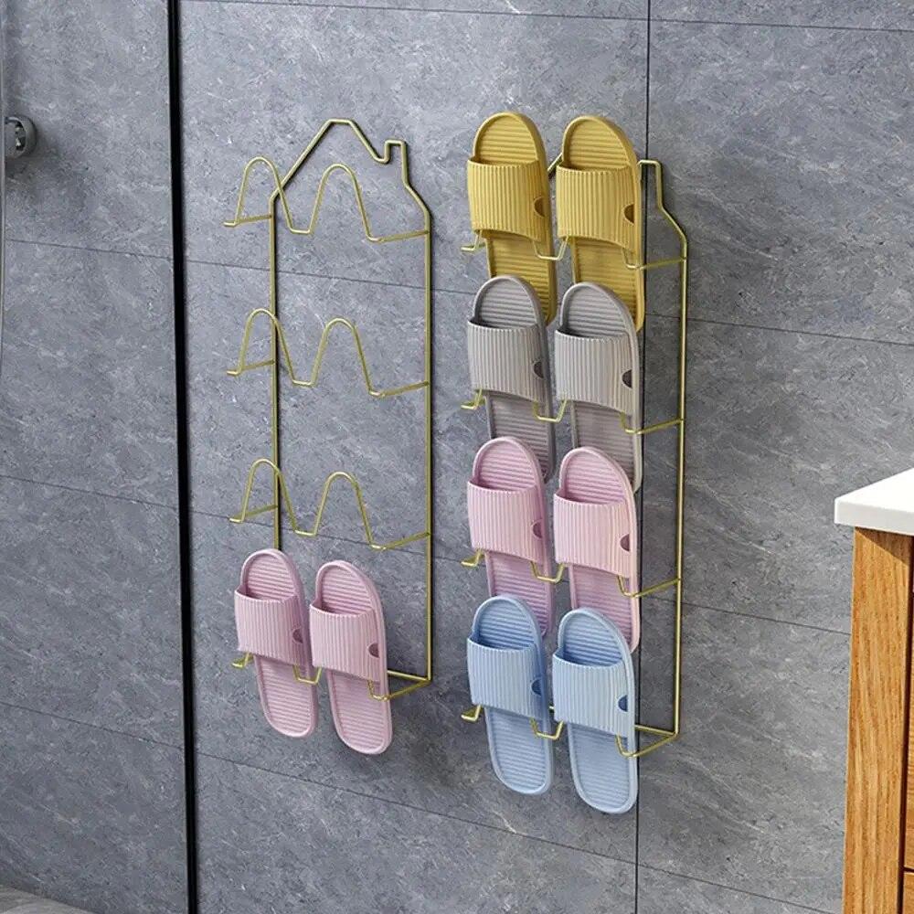 Porte-pantoufles de salle de bain auto-adhésif sans poinçon, support mural pour serviettes, gain de place, porte murale de toilette, étagère de rangement pour chaussures de maison