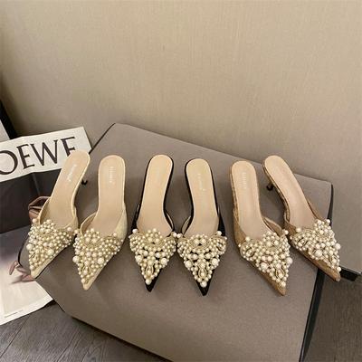 Fashion Hot Sale Elegant Pearl - Embellished Pointed Toe Mule Heels Women's Multi - Color Chic Kitten Heel Dress Slides