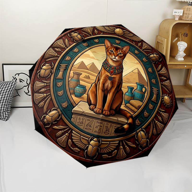 Egyptian Cat Art pattern umbrella, portable and foldable design, 8 ribs, a casual accessory for Halloween, Christmas, and birthday gifts.