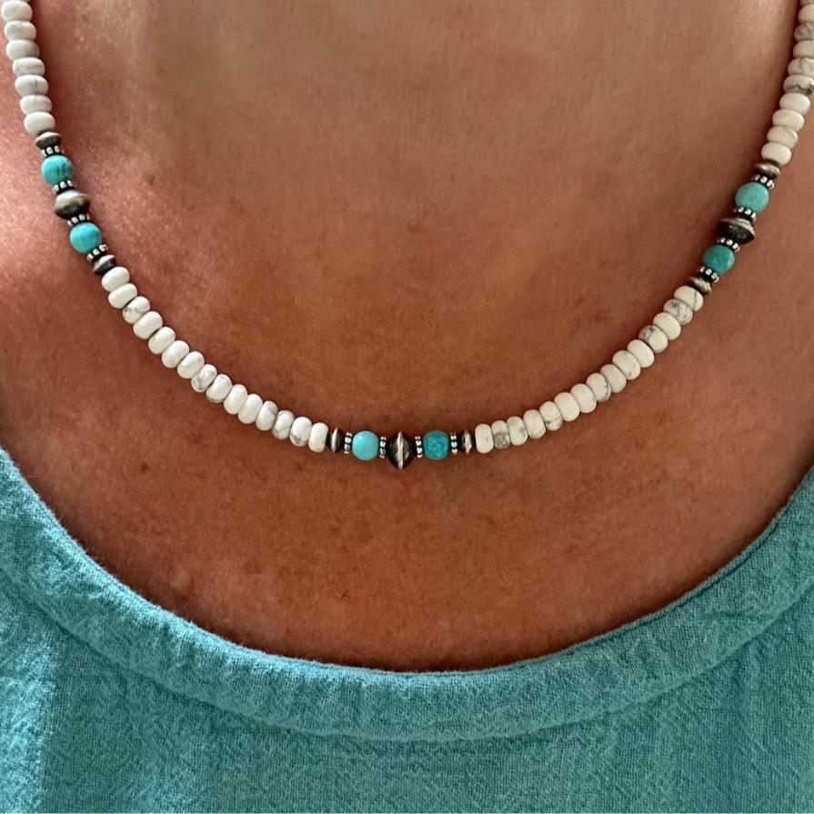 Bohemian Natural Artificial White Turquoise Necklace With Handmade Geometric Pendant For Women And Men