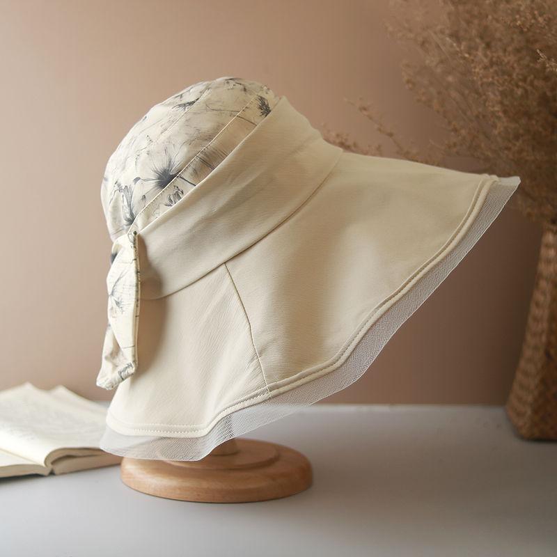 Ruffles Flower Print Sun Hat Elegant UV Protection Bucket Hats Trendy Mesh Breathable Travel Beach Hats for Summer Outdoor