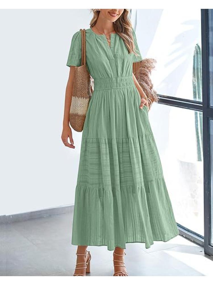 Short Sleeve V-Neck Tiered Ruffle Hem Midi Dress