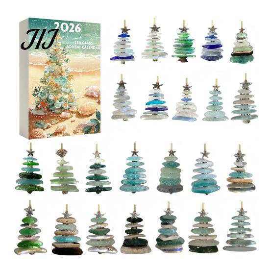 Festive Home Hanging Decorations 2026 Sea Glass Style Christmas Countdown Calendar Blind Box, 24Pcs Unique Tree Pendants Acrylic Ornaments,