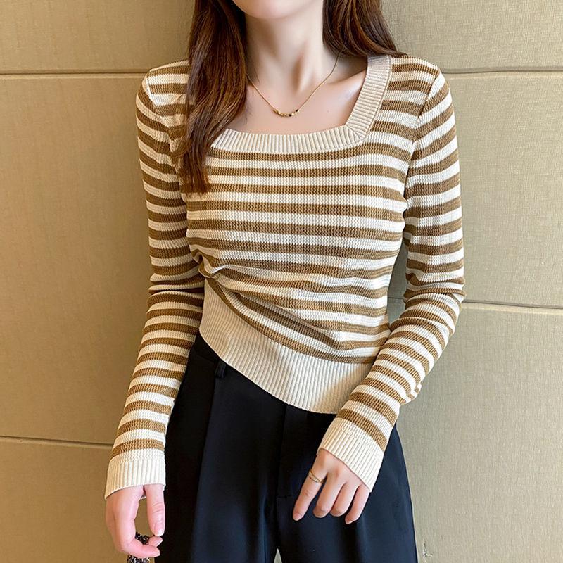 

Женский осенний трикотажный топ с квадратным вырезом, полосатый, с рукавами реглан, облегающий, в стиле футболки, базовый слой one size
