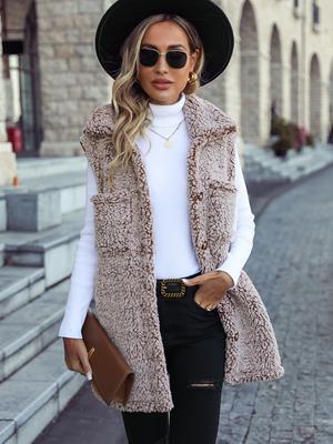 Women's Autumn and Winter Collar Sleeveless Long Vest Jacket, Loose and Casual, Faded Bubble Velvet Cardigan, Outerwear