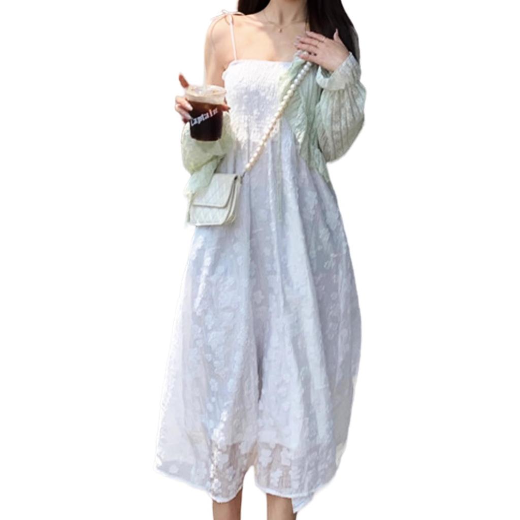 Vmiutyer LLOP Long Cami Dress with Shoulder Lace Floral Overall and Contrast Cute for Spring and Summer Women's Straps, Print, Lined, Skirt, Gathered,