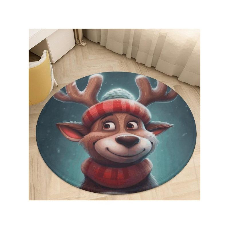 Round Rug Soft Absorbent Bath Mat Non-Slip Chair Pad Cartoon Deer Wearing Hat Area Rug Living Room Doormat Small Floor Carpet 100cm