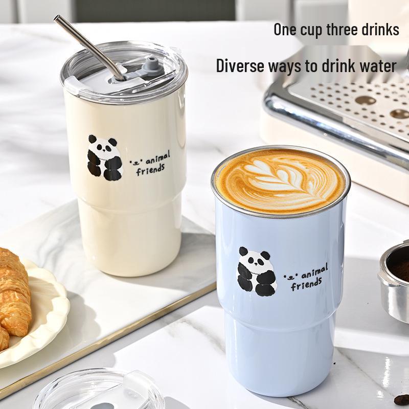 304 Stainless Steel Cartoon Coffee Cup with Lid & Straw, Portable Travel Mug for Home & Office