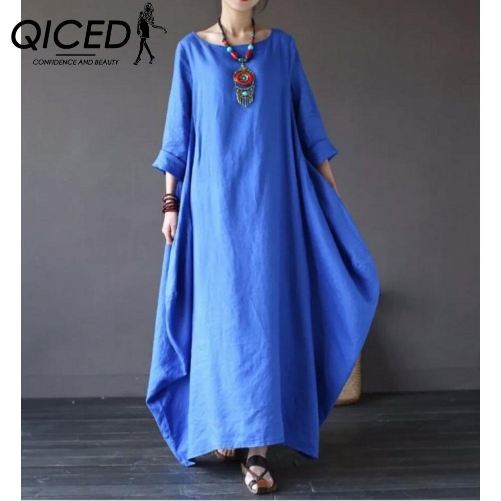 QICED Women Long Loose Summer Casual Dress Linen Cotton Plus Size
