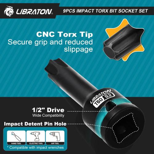 LIBRATON Torx Bit Socket Set, 1/2-inch (12.7mm) Drive, S2 Steel, Star Bit Socket Set, T30-T80, Impact Torx Socket Set, 9-Piece Set