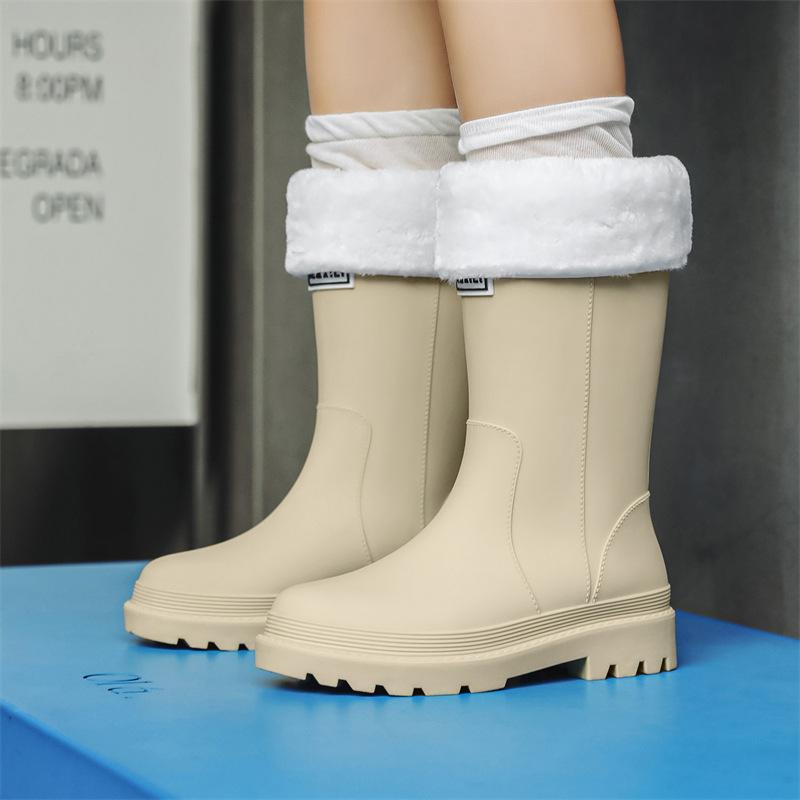 Medium tube rain shoes women's non-slip water shoes fashion water boots thick-soled rain boots fleece work rubber shoes