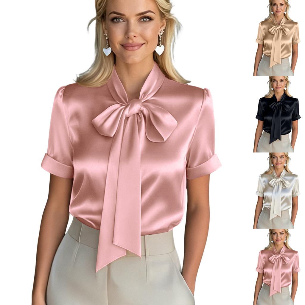 Ladies Satin Bow Short-sleeved Shirt