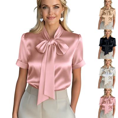 Women Satin Tie Short Sleeve Blouse Elegant Loose Fit Office Top Business Formal Shirt with Cuffed Sleeves for Work Casual Wear
