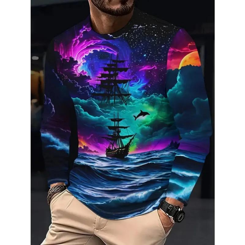 Men's casual daily long-sleeved T-shirt, with fashionable printed design, a comfortable and casual top that can be machine washed