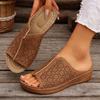 Summer Women's Large Size Round Head Retro Solid Color Sandals Hollow Sewing Line Wedge Sandals