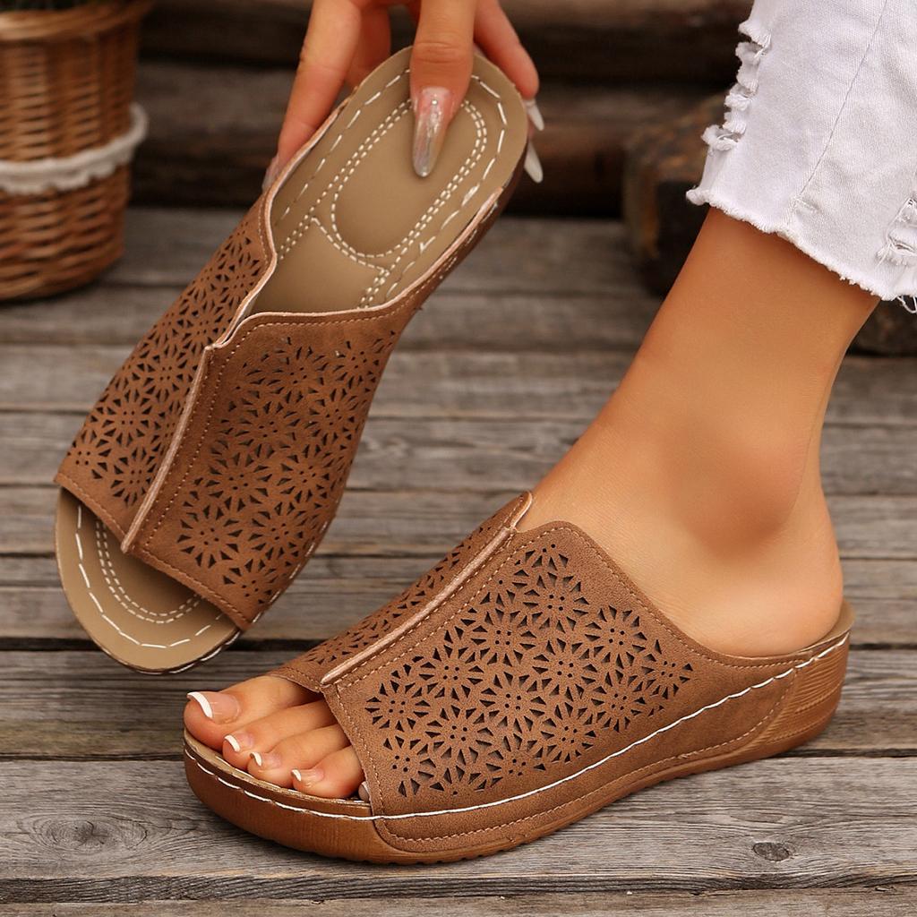 Summer Women's Large Size Round Head Retro Solid Color Sandals Hollow Sewing Line Wedge Sandals