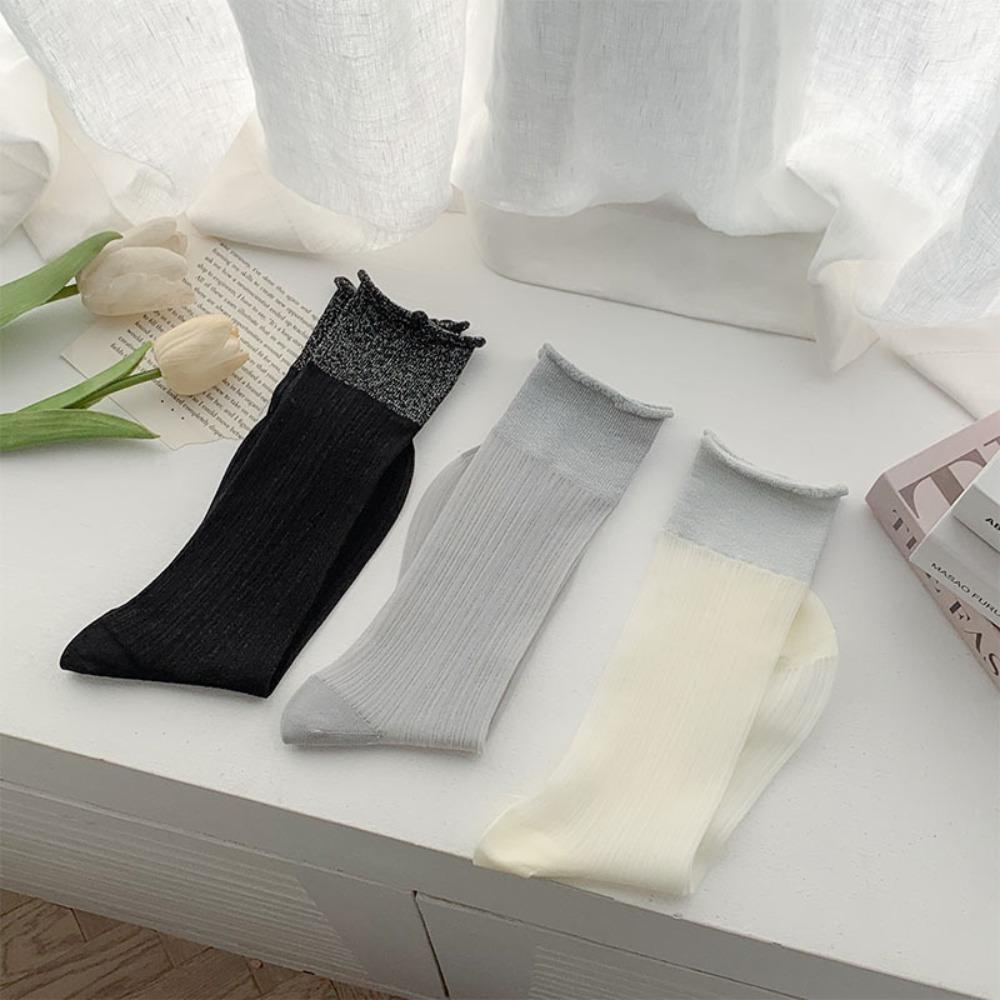 Korean Silver Thread Lolita Stockings Sweet Ties Stacked Socks New Thin Women Socks