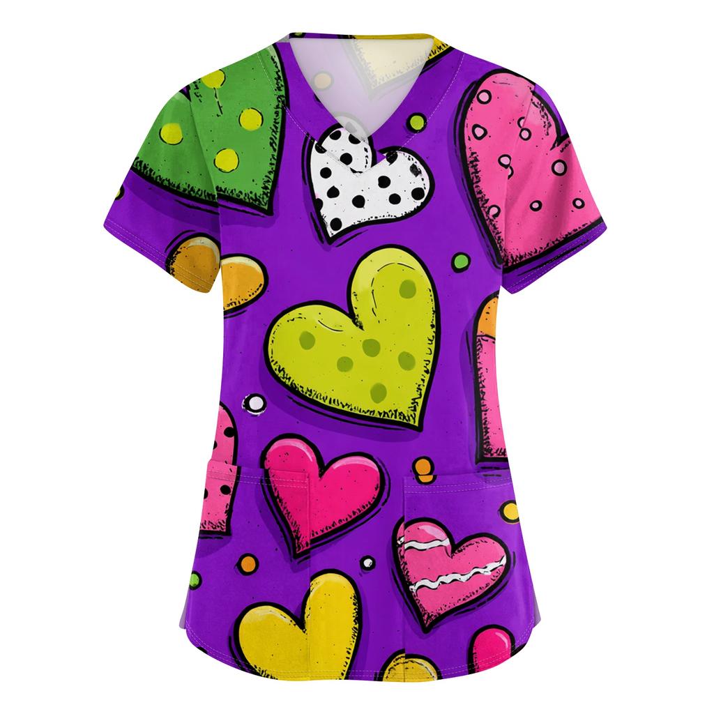 Women's V-neck Valentine's Day Printed Short-sleeved Pocket Side-slit Protective Suit Top