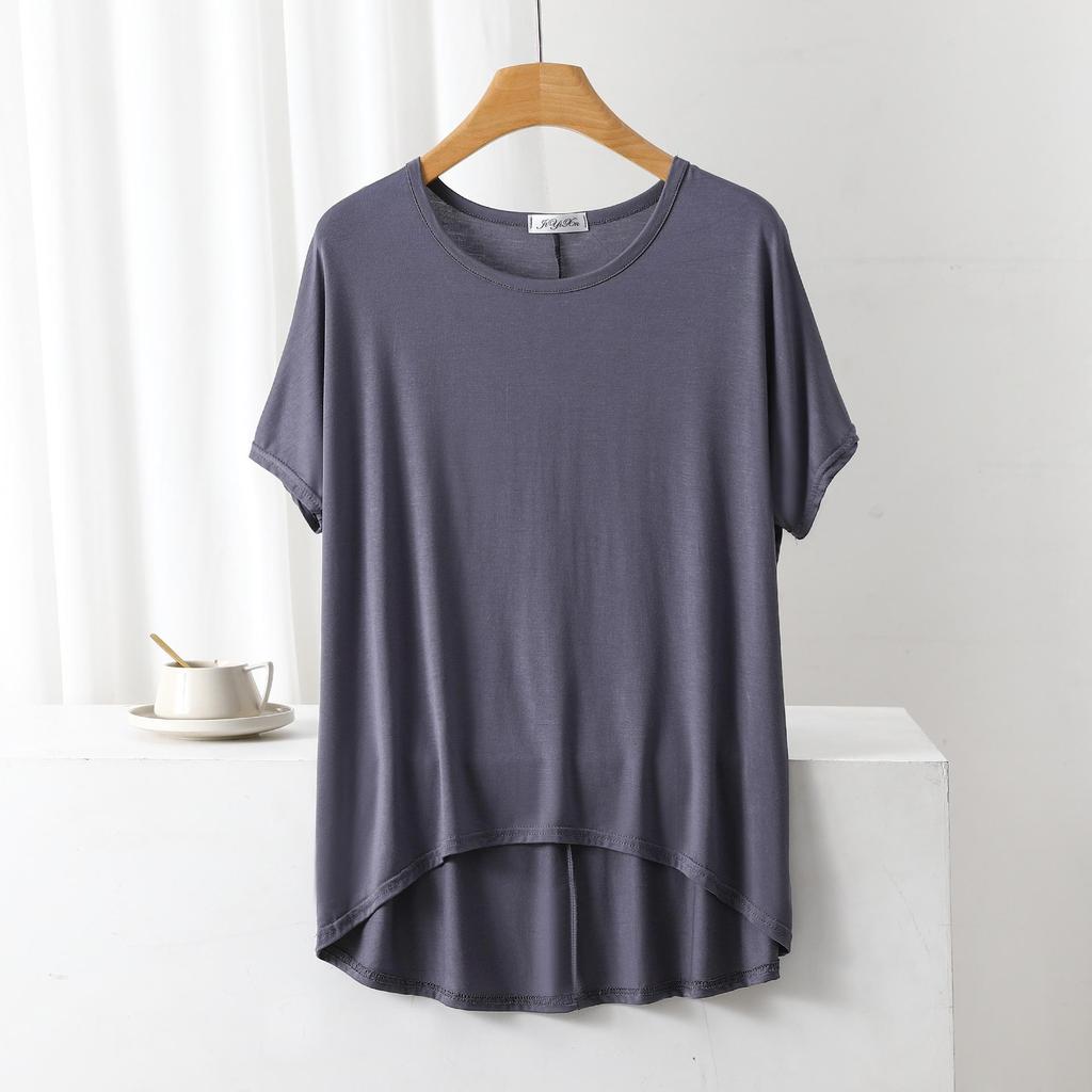 Sommar Lös Passform Modal T-shirt: Kort fram, lång bak, Plusstorlek Fladdermusärm
