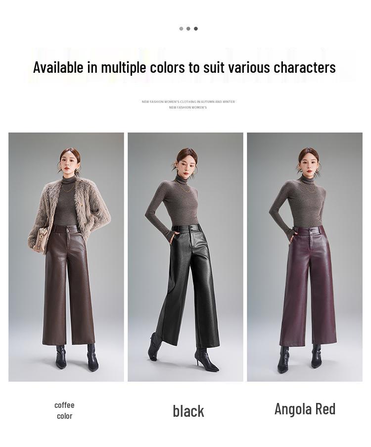 2025 Women's High-Waisted Fleece-Lined Lambskin Leather Pants - Slimming Loose Fit Straight-Leg, Ideal for Autumn and Winter