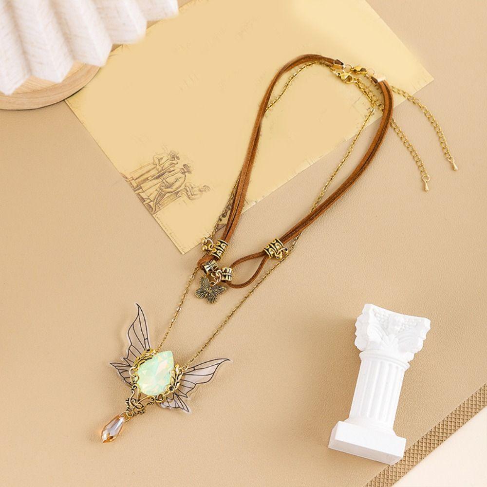 Vintage Rhinestone Wings Necklace Double Layer Clavicle Chain Sweet Butterfly Stacking Choker Gift