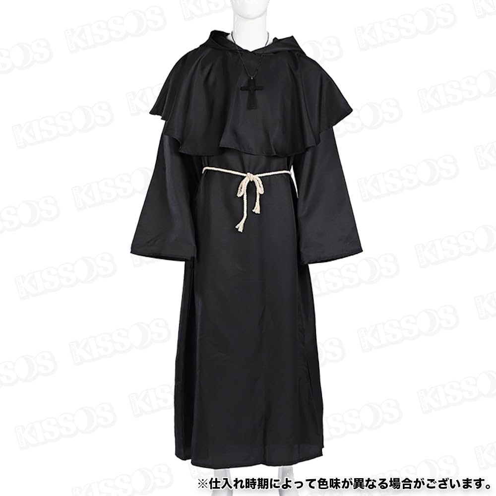 KISSOS Cosplay Costume, Long Robe, Wizard, Monk, Priest, Pastor, Halloween Costume, Party Costume, 4-Piece Set (Size M, Black)
