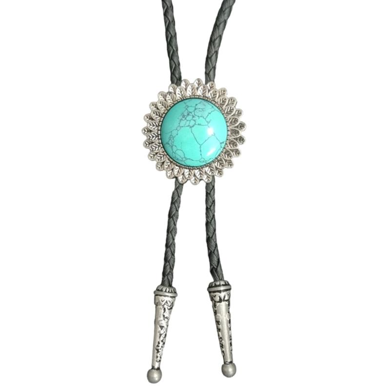 Engraving Flower Stone Bolo Tie Carved Necktie for Shirt Jeans Western Necklace Braided Shoestring Necktie Bolo Tie
