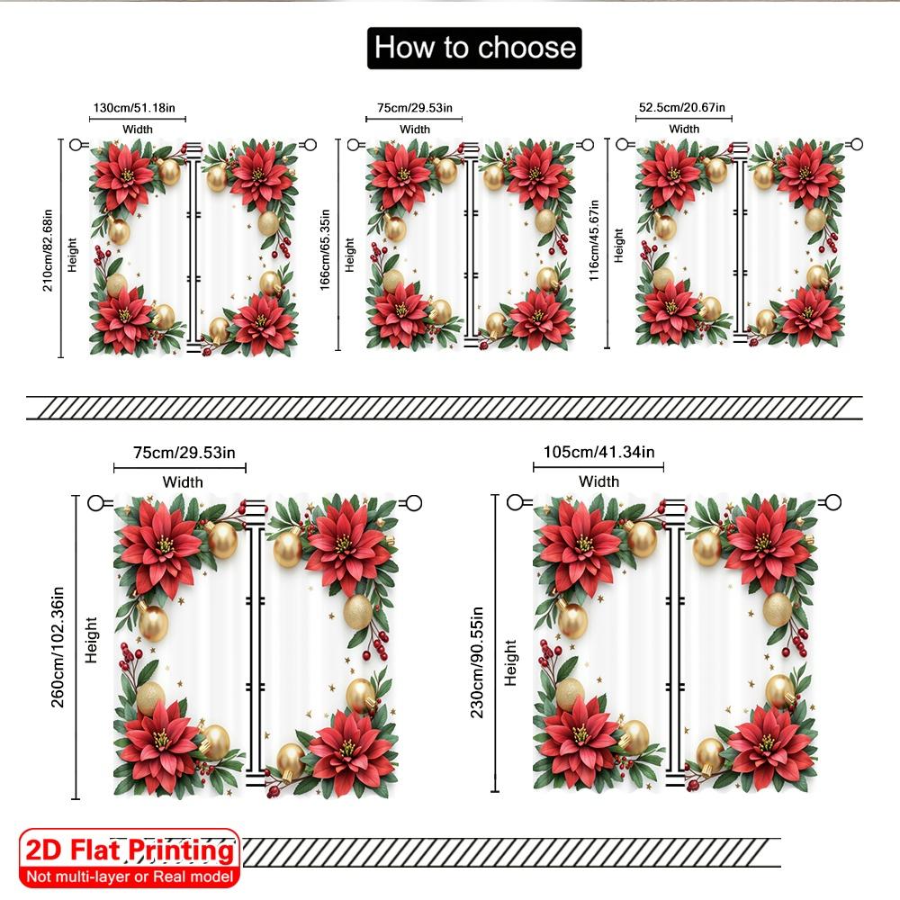 2pcs 2D Flat Printing Christmas Window Curtains Christmas Poinsettia Holly Ornaments 100% Polyester Without Electricity Holiday