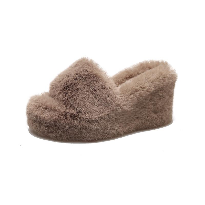 Small Slope Heel Super High Hairy Slippers Women Wear Autumn and Winter Home Hairy High Heel One-word Drag