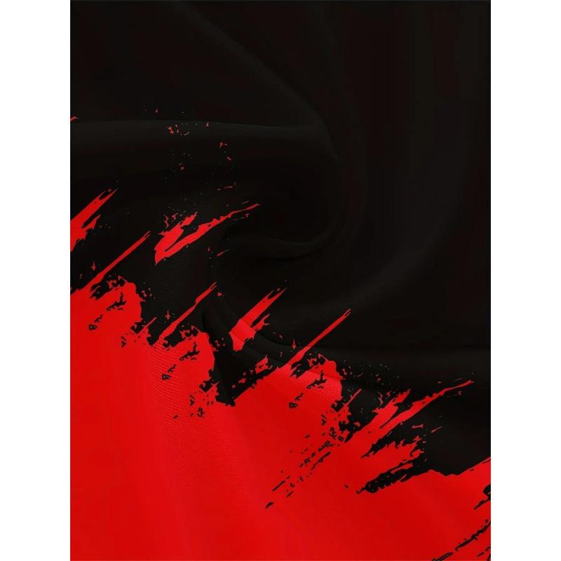 Fashion Men's Red and Black Gradient Splash Graphic Tee, Trendy Short Sleeve Round Neck Top with Artistic Pattern for Casual Daily Wear Outfits
