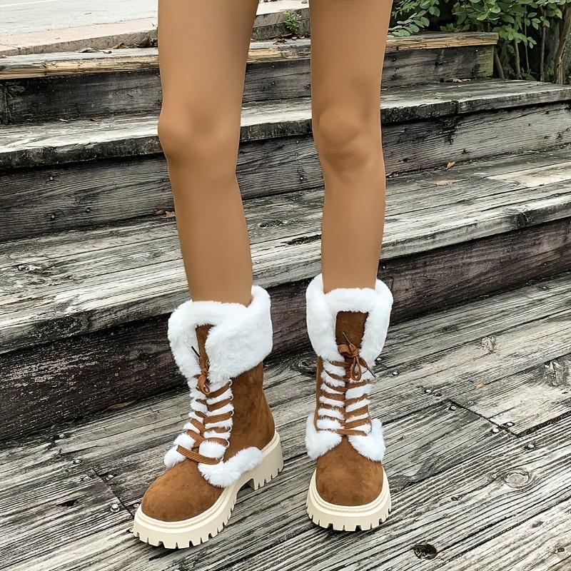 Women's Cozy Fleece-Lined Mid-Calf Boots Lace-Up Thick Sole Round Toe
