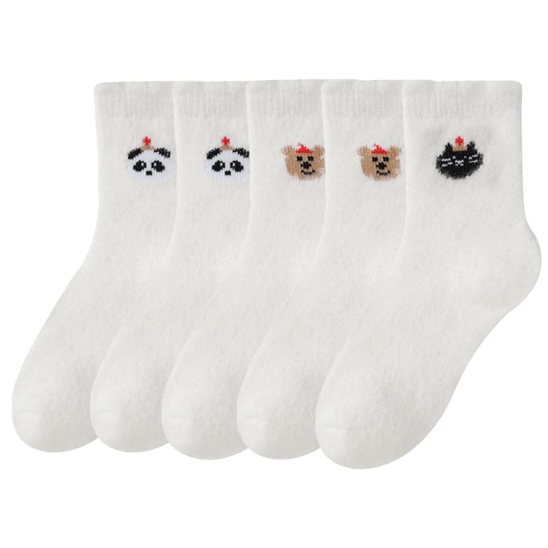 5Pairs Women's Cute Cartoon Pattern Mid-tube Socks Autumn Winter Thickened Warm Floor Socks