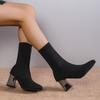 Stretch Boots Autumn New Pointed Toe Stretch Mesh Breathable Cover Foot Non-Slip Wear-Resistant Block Heel Shorthole Boots