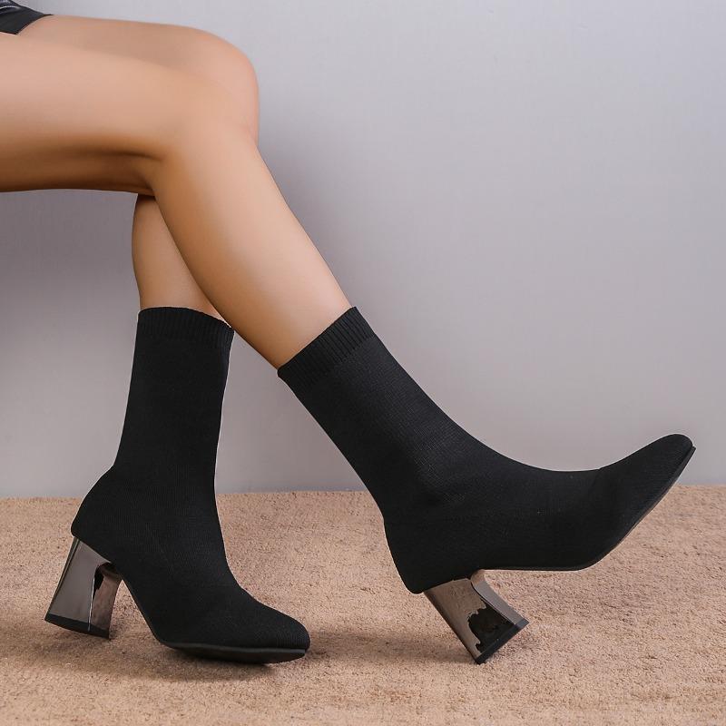 Stretch Boots Autumn New Pointed Toe Stretch Mesh Breathable Cover Foot Non-Slip Wear-Resistant Block Heel Shorthole Boots