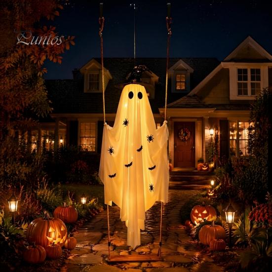 Facile Installazione Decorazioni Giardino Autunnale Grande Altalena Sospesa Fantasma Decorazione di Halloween, 5FT Spettrale su Luci del Portico Controllate da Telecomando con Cappello da Strega per