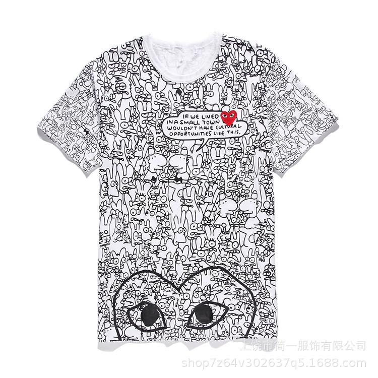Spring and summer men's and women's same fashion trend striped Rei Kawakubo love printed crew neck T-shirt versatile