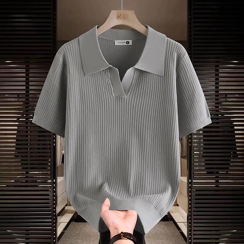 Men's Cream Ribbed Knit Short Sleeve Polo Shirt