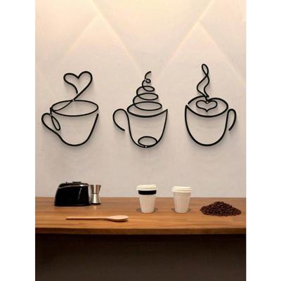 Modern Black Metal Coffee Cup Wall Art 3pcs Set, Creative Cafe Home Decor, Crafts for Living Room, Dining Room, Kitchen Background Indoor
