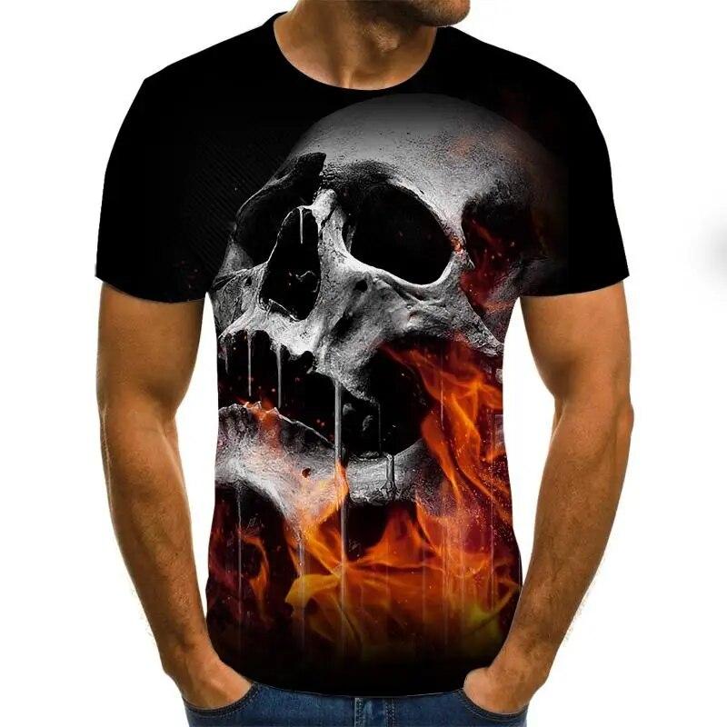 Horror Skull Large Men's White T-shirt Summer Casual Top 3D Printed Short Sleeve Round Neck Shirt Street Clothing T-shirt Loose T-shirt Short Sleeve